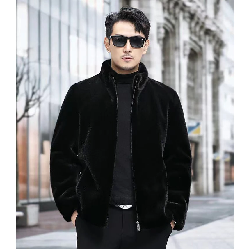 立领貂绒外套男夹克男士仿皮草大衣短款修身冬季加厚保暖皮毛一体