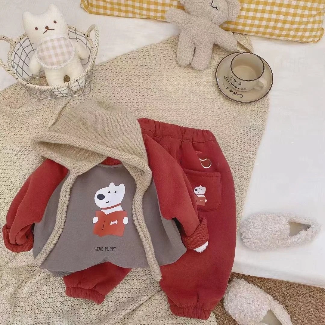 【年终大促】儿童2024冬季拼接加绒套装男女童宝宝韩版可爱卡通印