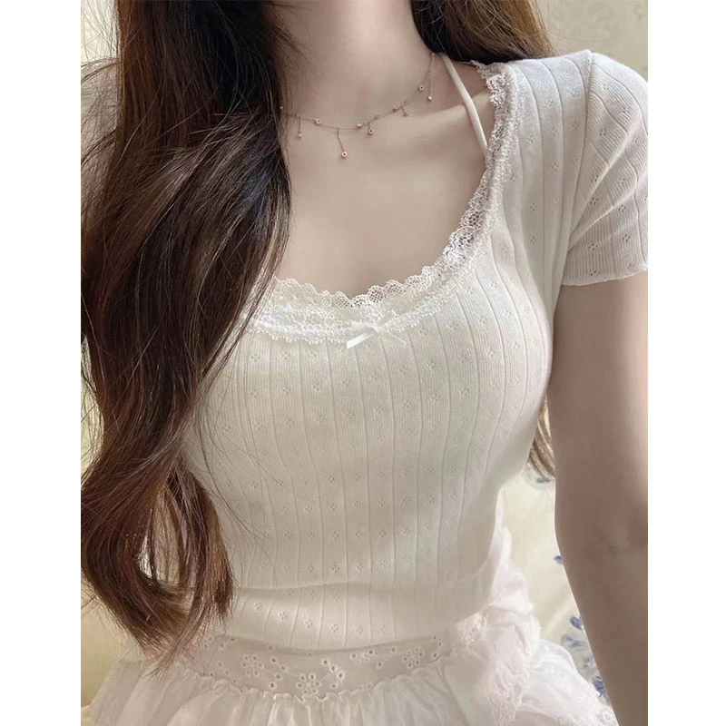 OOTDBM女装美式蕾丝花边zellytop紧身上衣bm蝴蝶结短袖纯棉T恤