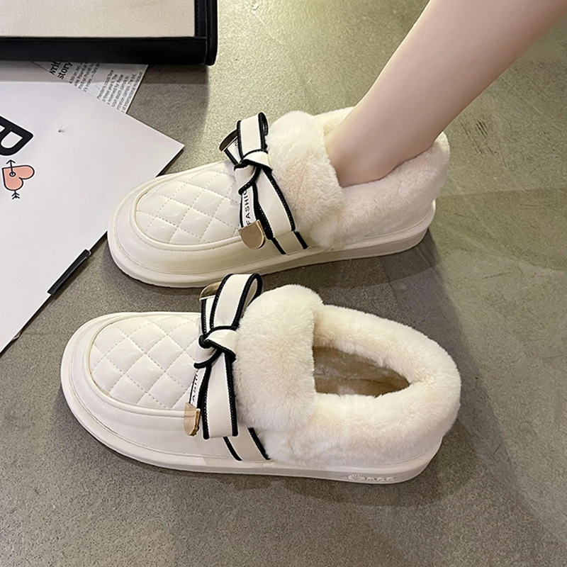 女冬加绒2022年新款百搭蝴蝶结加厚保暖一脚蹬豆豆