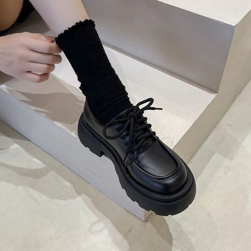 英伦风厚底小皮鞋女2023新款春季百搭黑色jk单鞋松糕乐福