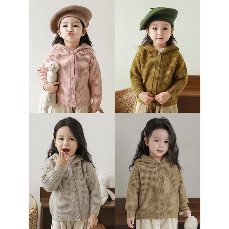 女童百搭纯色毛衣开衫宽松2024秋新款连帽针织外套AQ0050