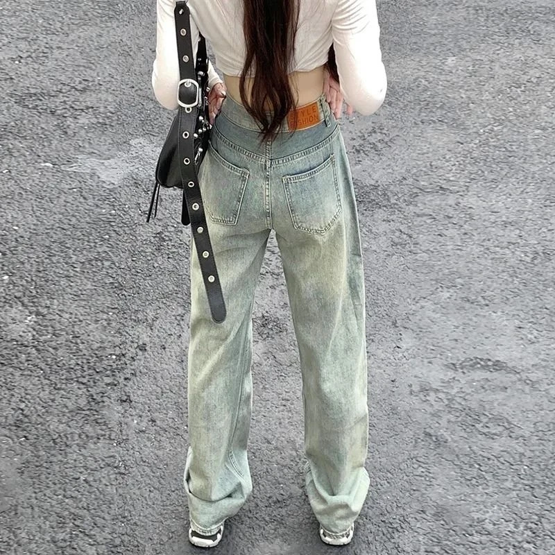 美式复古阔腿牛仔裤女春秋季新款新款水洗高腰宽松垂感直筒拖地裤