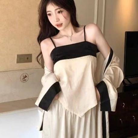 高级感轻奢睡衣女春秋季吊带长裤开衫中式纯欲居家三件套