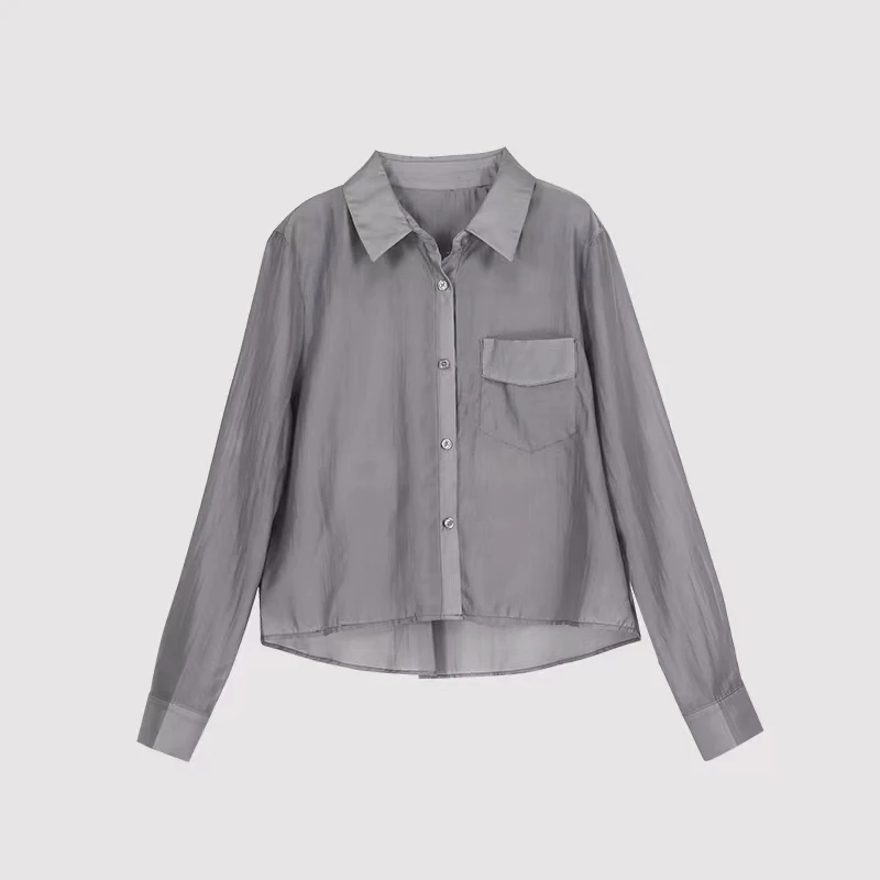 莱赛尔天丝防晒衬衫女短款2025夏新款韩版时尚高腰显瘦小个子衬衣