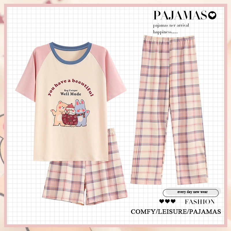 【纯棉拍一发三】夏季女士纯棉短袖短裤长裤大码休闲薄款睡衣家居服