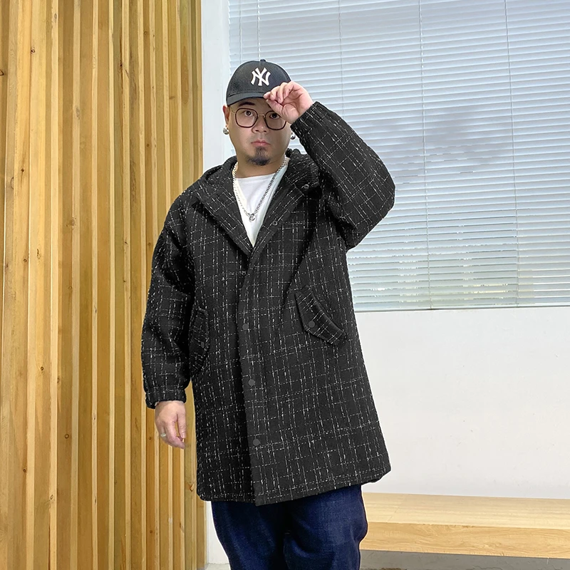 纺布者潮牌F1385秋冬休闲连帽格子风衣男潮胖子中长款大码外套