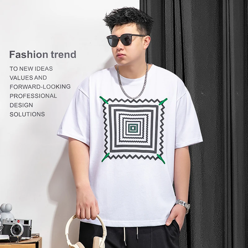 纺布者潮牌大码男装发泡几何印花男ins短袖t恤T1553加肥加大胖子