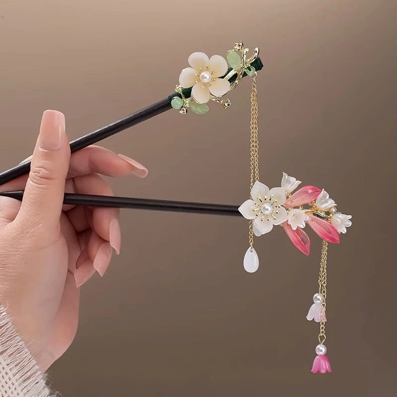 高级感古风花朵发簪女步摇流苏新中式汉服盘发钗木质简约手工簪子