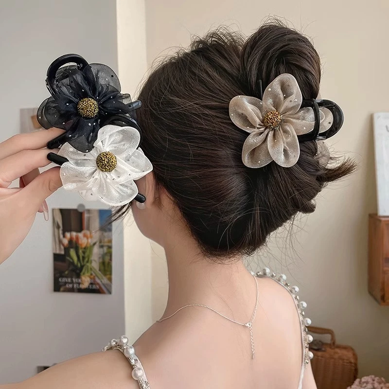 水钻花朵网纱抓夹女夏天2025新款鲨鱼夹泡泡发夹后脑勺头饰女生