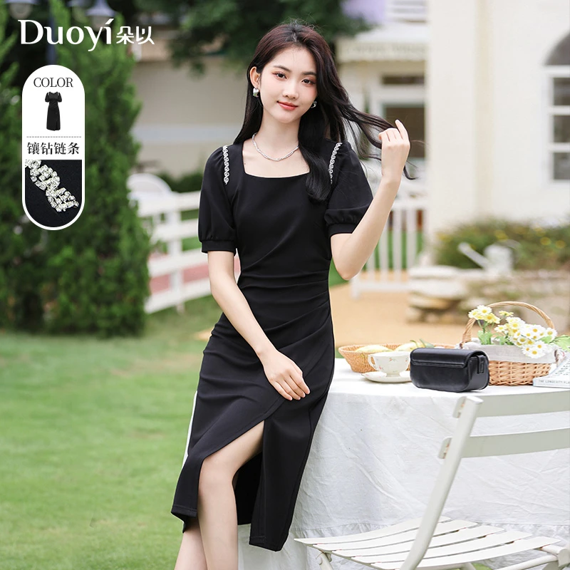 朵以2023夏季新款法式气质时尚镶钻修身收腰显瘦连衣裙38VX808072