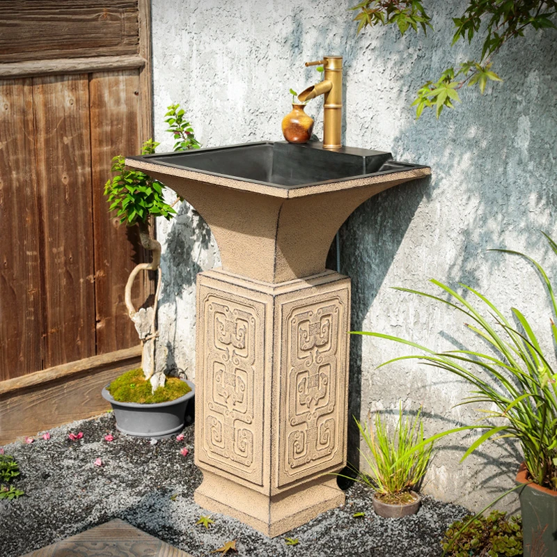 汉韵堂中式民宿艺术立柱洗手盆庭院户外会所阳台一体落地式洗脸盆