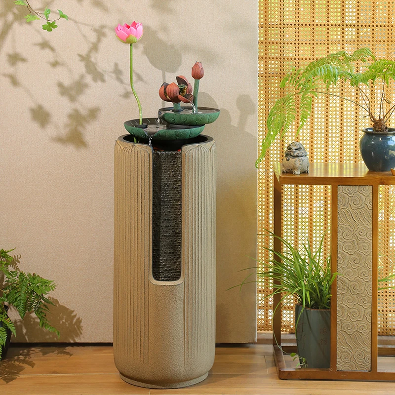 新中式落地流水摆件室内客厅玄关电视柜循环水景观喷泉荷花装饰
