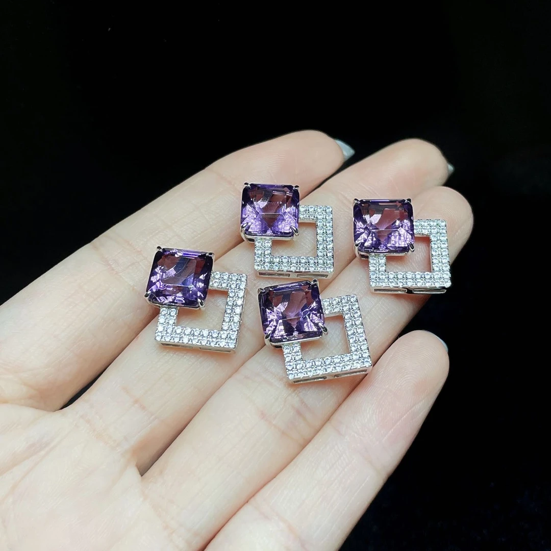 【云上叙】7 V14085-S925银紫水晶耳钉-8x8mm多样性发一件(东哥)