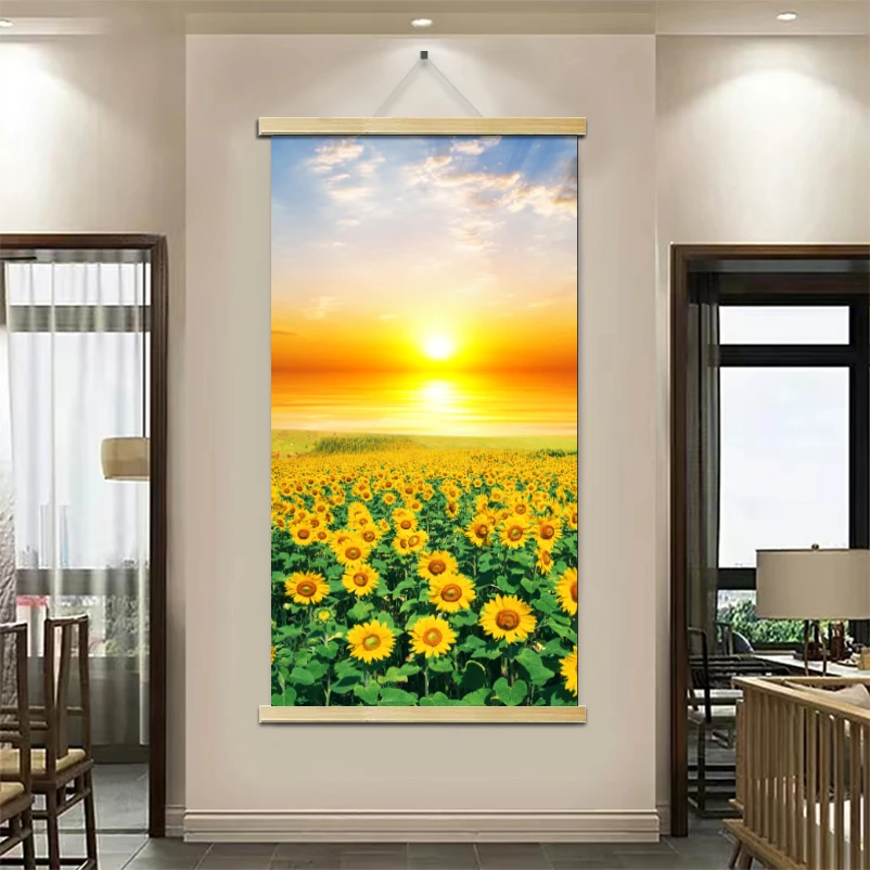 向日葵木轴布艺挂画实木挂画客厅现代轻奢高档客厅画现代轻奢高档