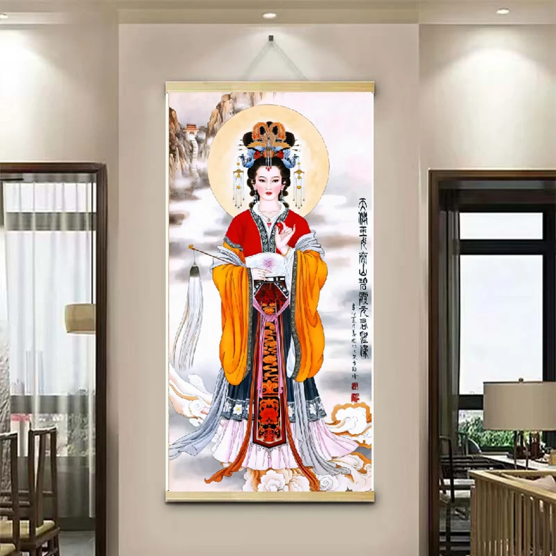 (新版碧霞元君)现代挂轴装饰画家居玄关办公室客厅卷轴画高清品质