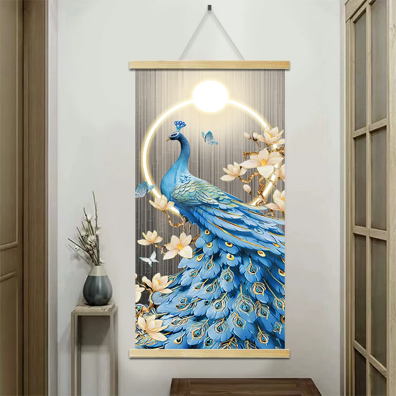 孔雀装饰品装饰沙发背景墙家居饰品卷轴实木挂轴中式玄关挂画轻奢