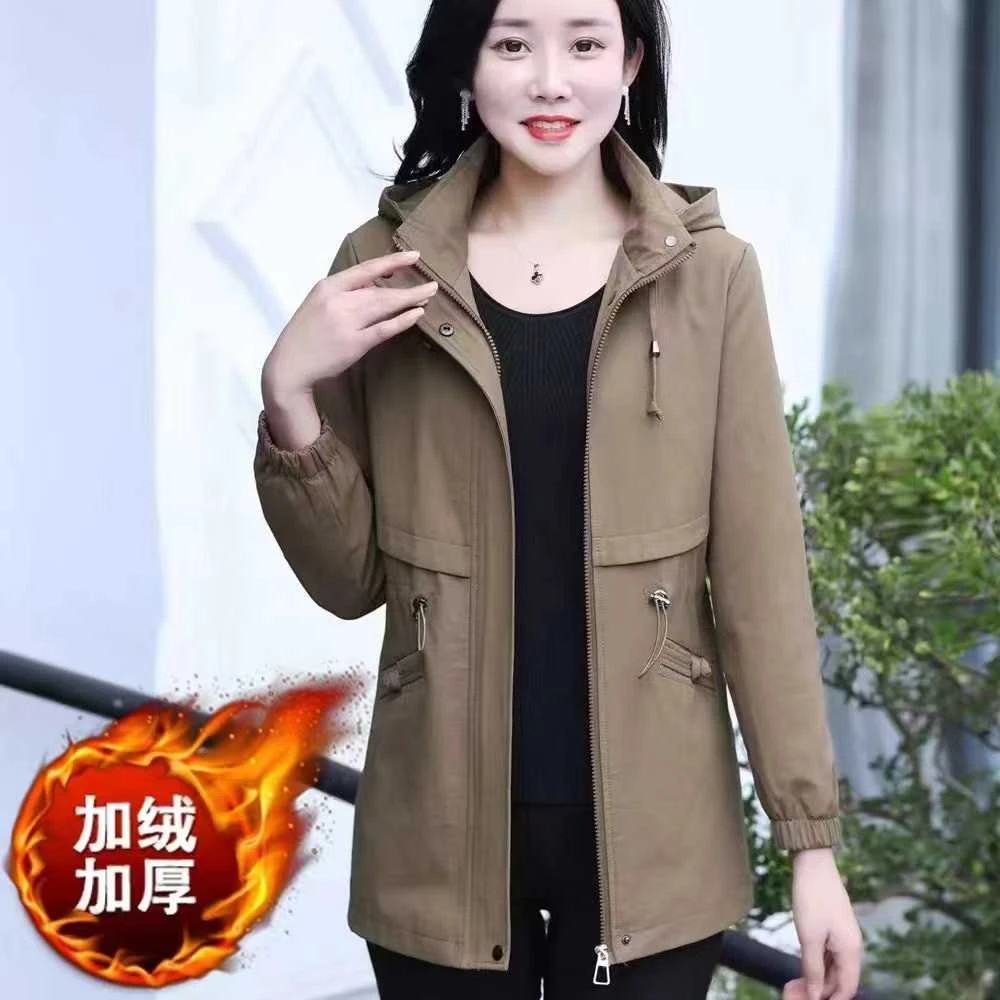 冬装新款加绒加棉中款抽腰外套活帽时尚休闲百搭加厚大码中长款