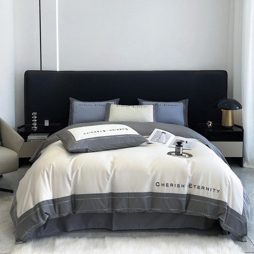 100支纯棉四件套轻奢床上用品100%全棉刺绣拼色被套高档简约床单4