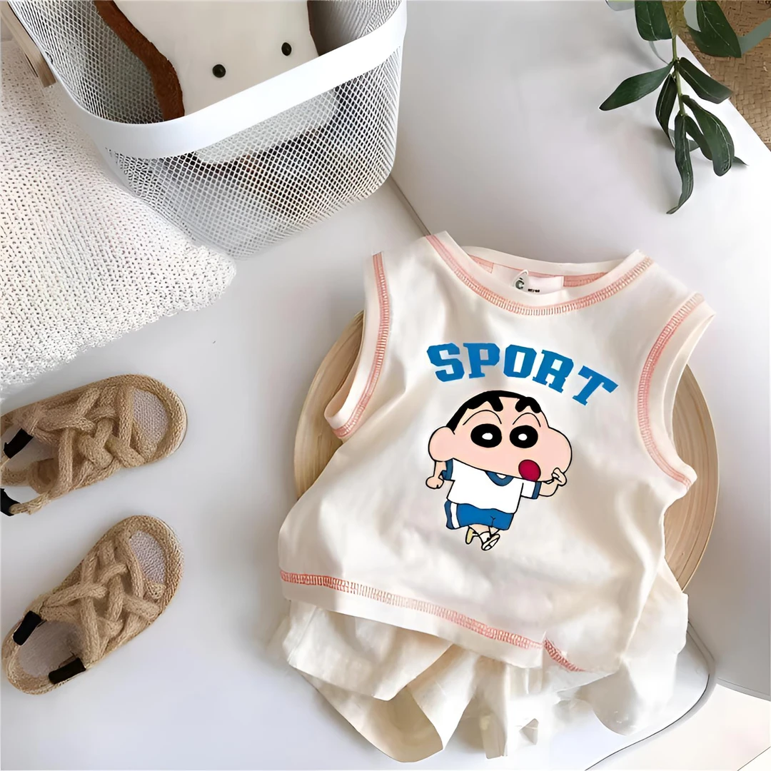 两件套童装婴儿夏季新款短袖t恤女宝宝可爱无袖印花男童套装夏装