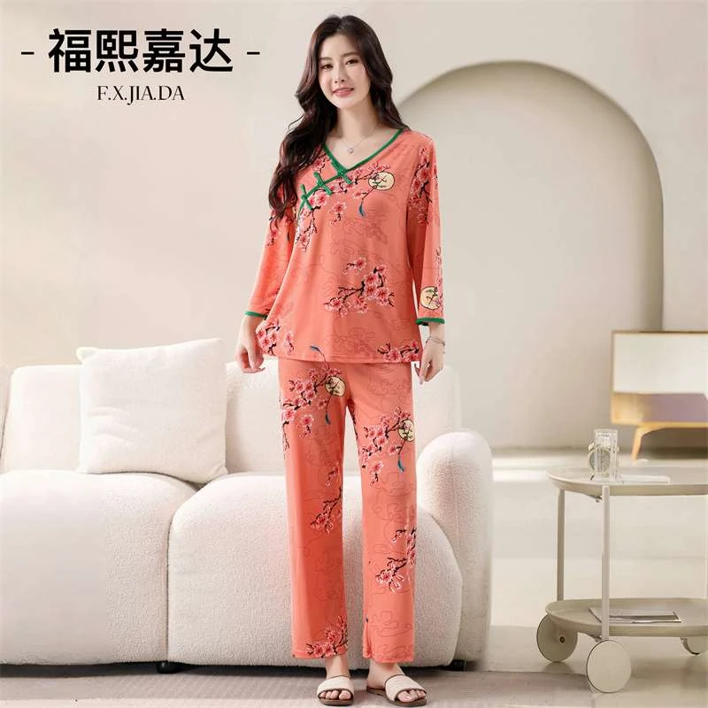 网红爆款东北大花睡衣套装女民族风盘扣家居服两件套春秋新款套装