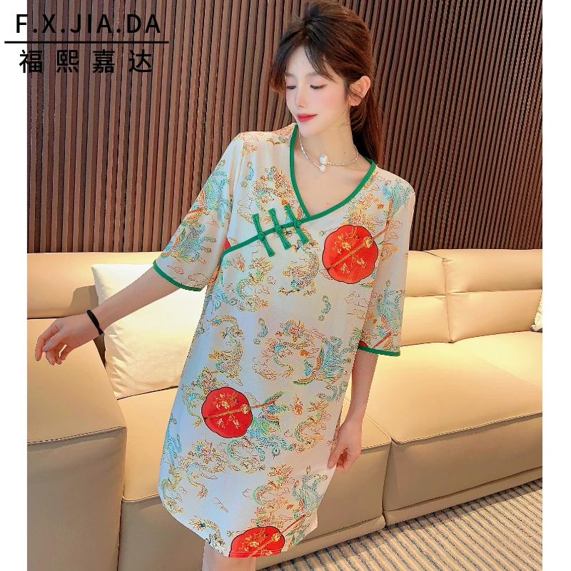 爆款睡衣女夏季冰丝薄款宽松家居服连衣裙中国风花色睡裙女可外穿