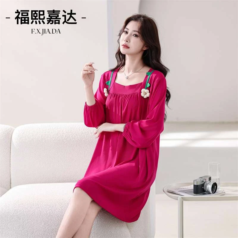 夏季新款睡裙女套头花朵长袖中长款睡衣时尚宽松大码家居服可外出