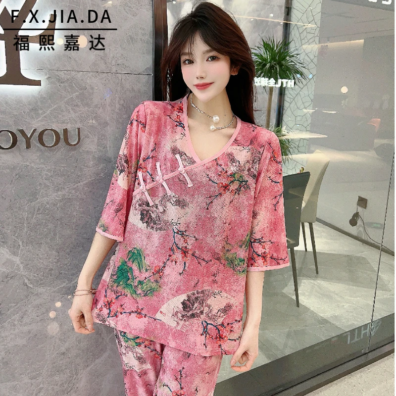 爆款睡衣女套装夏季薄款七分袖时尚新中式家居服两件套宽松可外穿