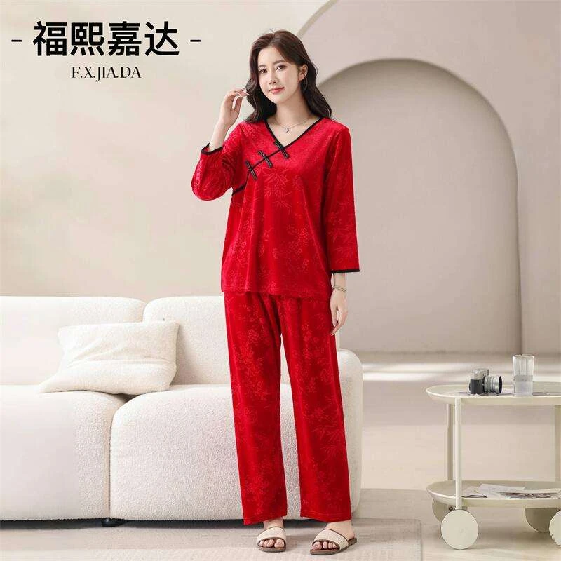 新品冬季金丝绒压花高档新中式国风睡衣女套装外穿家居服两件套