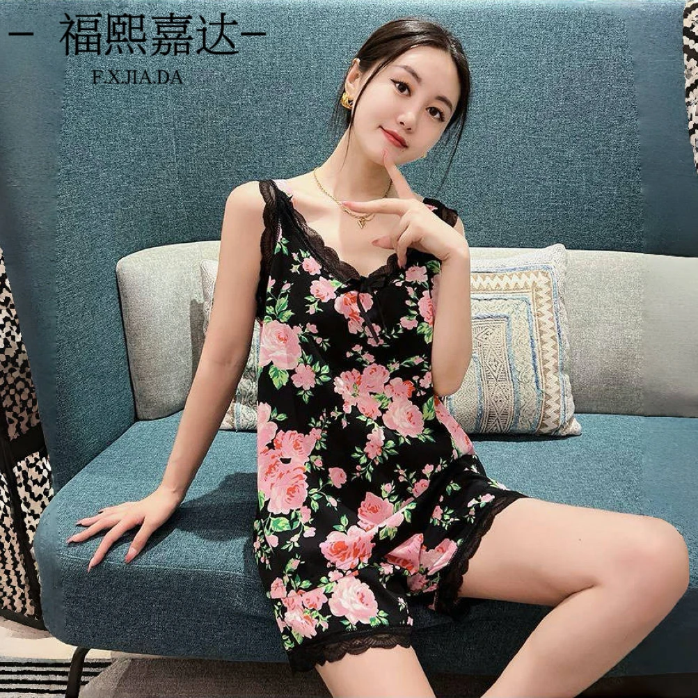 夏季新款睡衣女v领印花时尚年轻无袖吊带短裤宽松大码家居服套装