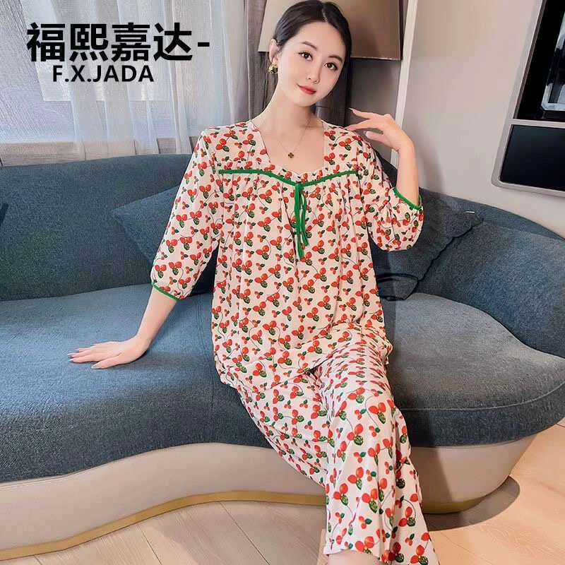 大码睡衣春秋方领家居服套装薄款七分袖睡衣套装家居服睡衣套装