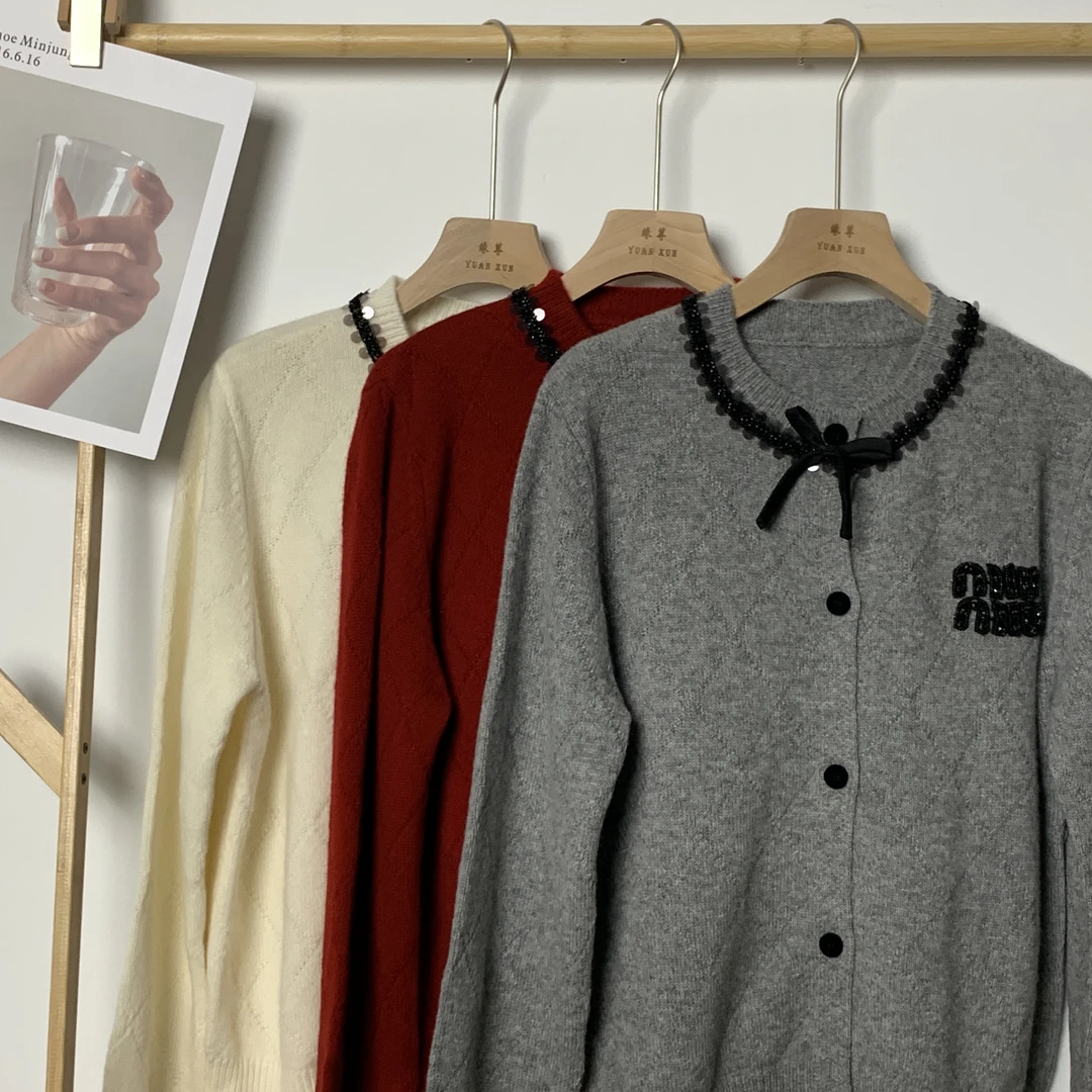 YUANXUN 100羊毛闪片长袖网红蝴蝶结气质时尚百搭女士羊毛开衫