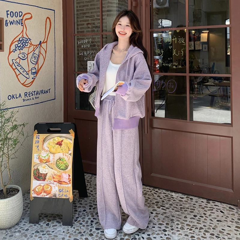 休闲运动紫色连帽卫衣套装女秋季2024新款可盐可甜阔腿长裤两件套