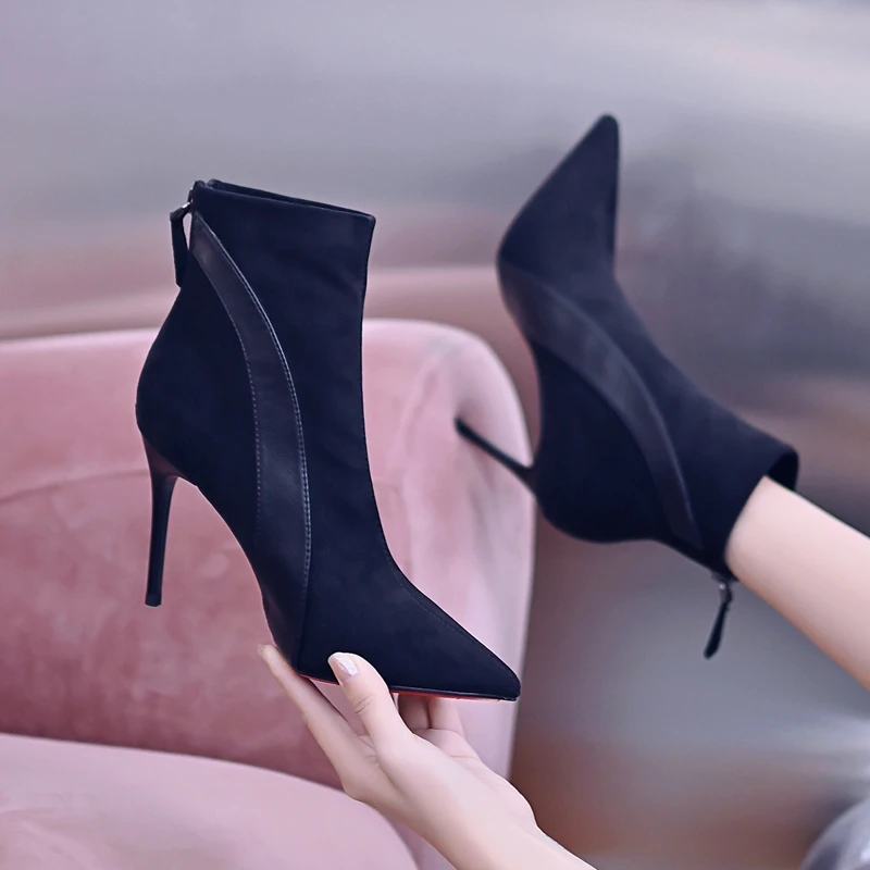 2024爆款洋气高跟鞋细跟短靴女加绒秋冬新款尖头细跟小个子瘦瘦靴