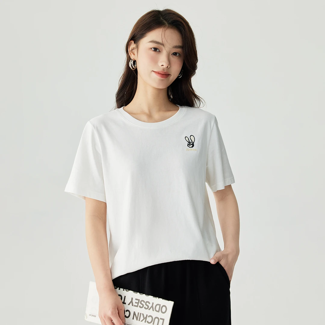 【欧若假日风】茵曼小兔子短袖白女2025夏圆领百搭休闲上衣夏纯棉