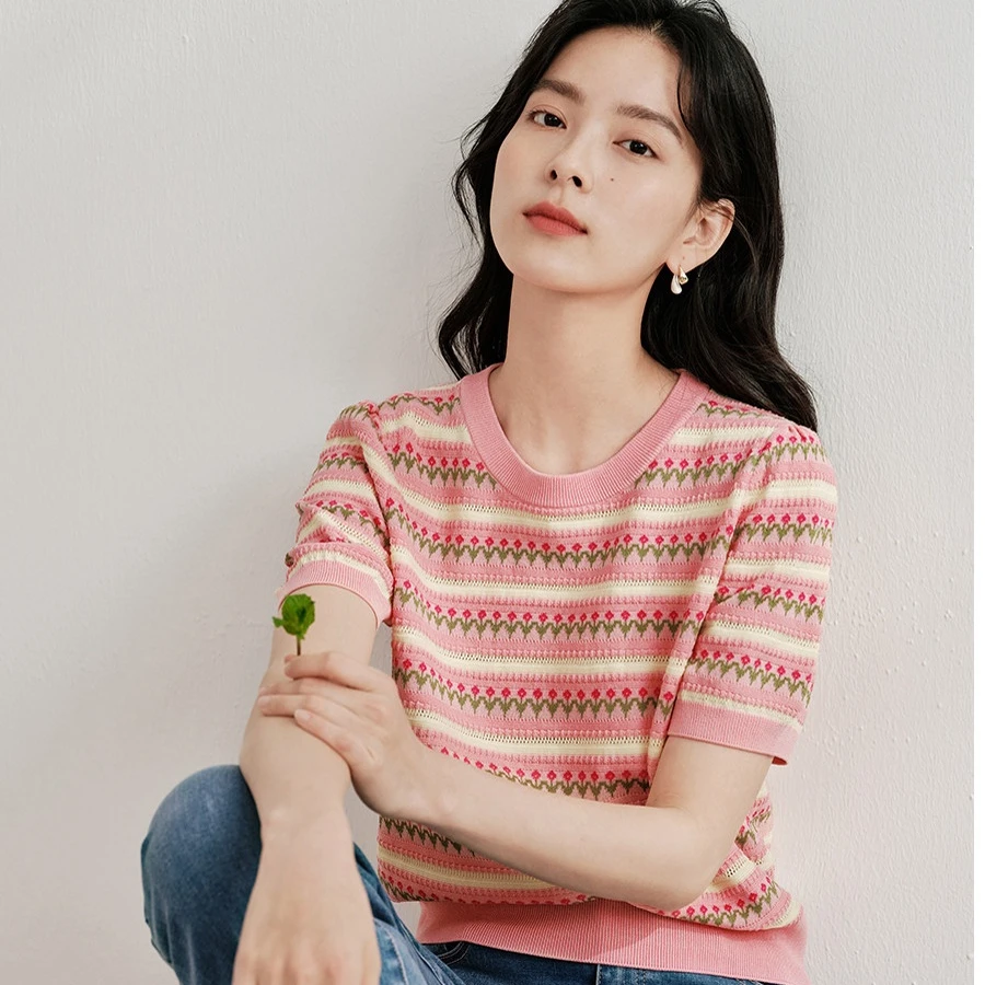 【欧若风】茵曼夏季设计感多巴胺穿搭短袖上衣新款针织衫夏日清凉感