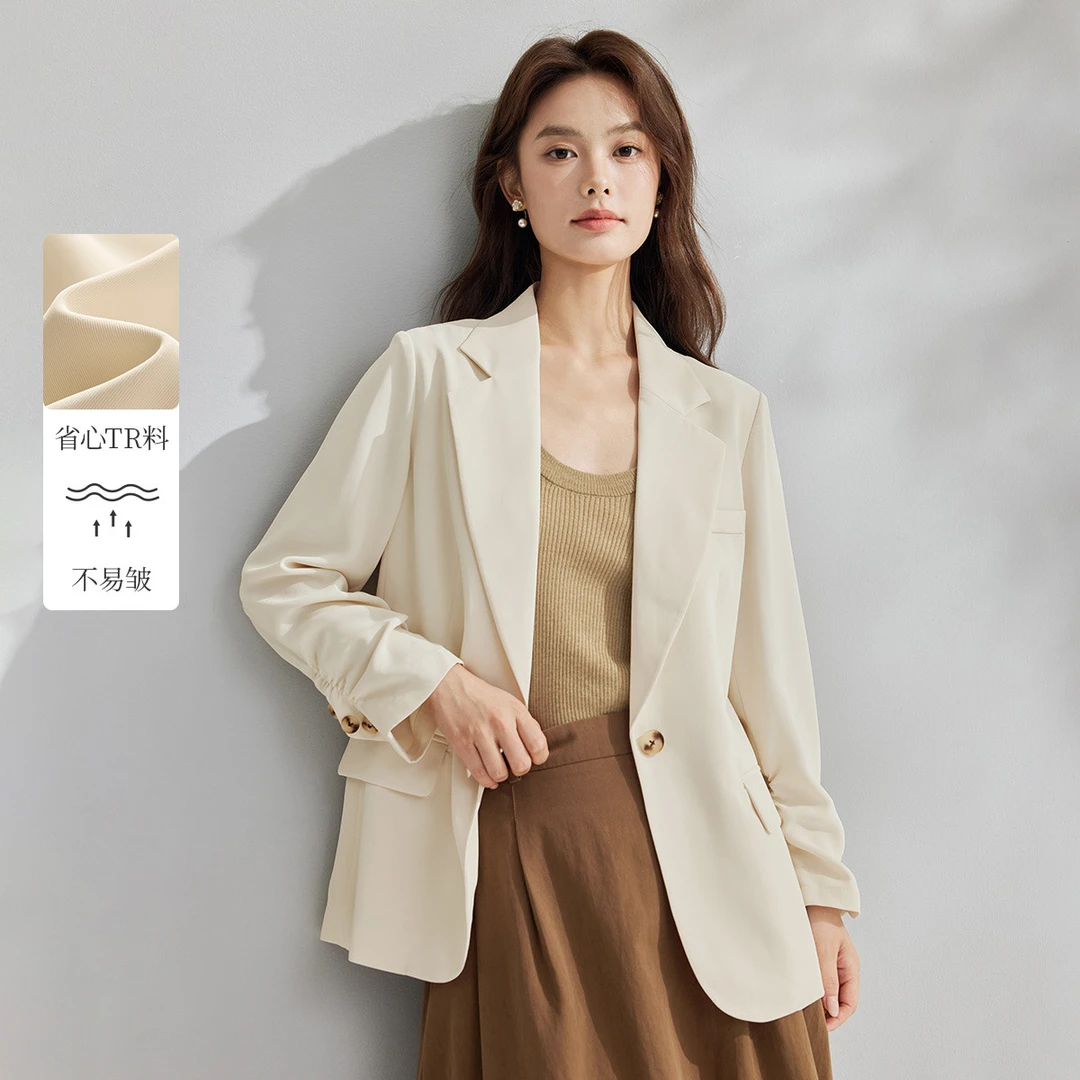 【雅丹风】茵曼秋季不规则拼接通勤西装女时尚抽褶袖口职业西服外套