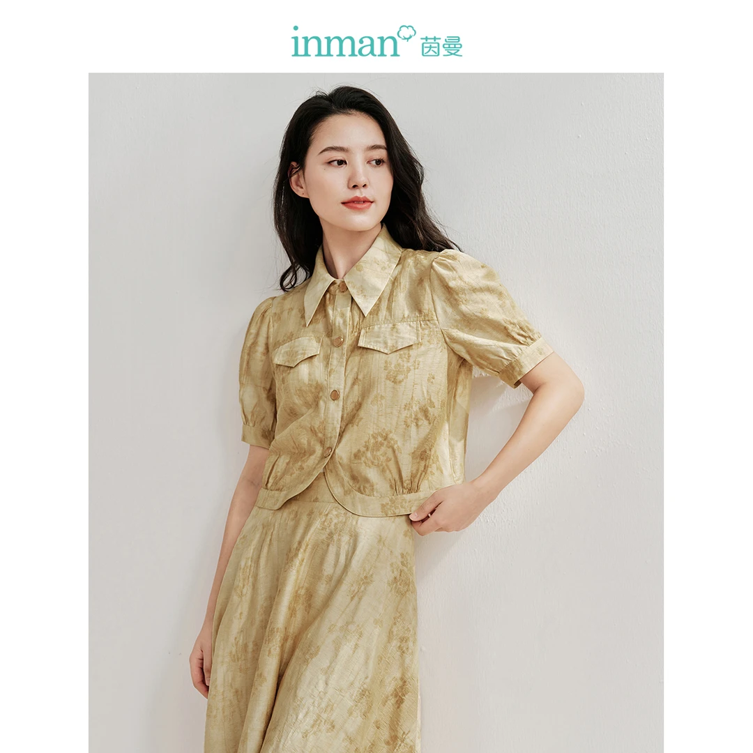 清麻系列印花衬衫2024夏女装新款气质翻领灯笼短袖宽松短上衣