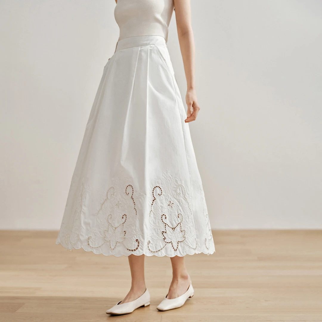 【度假穿搭】茵曼UPF50+重工纯棉半身裙2024秋季百搭气质a字裙女装