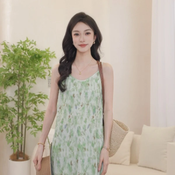 【薄荷曼波】茵曼夏季新款法式气质时尚通勤泡泡袖V领显瘦连衣裙女