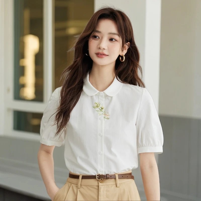 【欧若假日风】茵曼夏田园纯棉短袖衬衫通勤绣花设计感百搭衬衣上衣