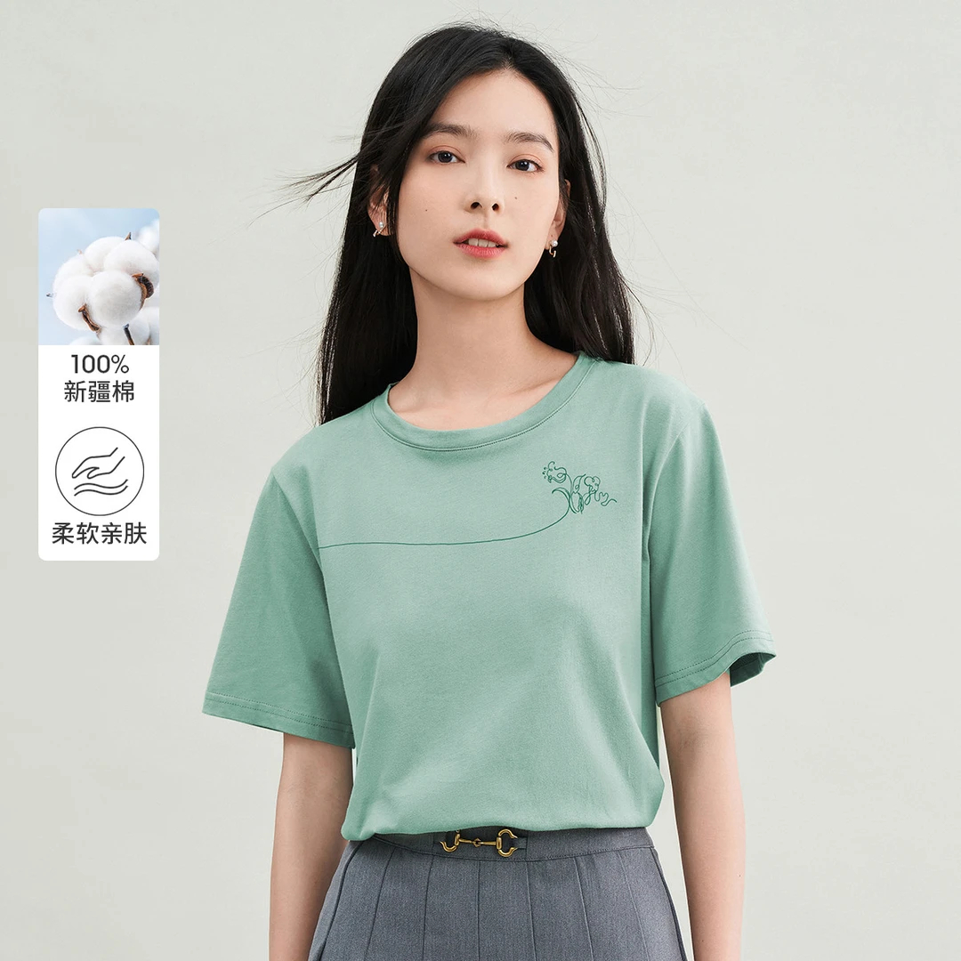 【欧若假日风】茵曼告白穿搭舒适印花短袖衬衫女夏百搭宽松圆领上衣