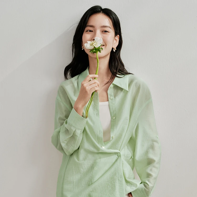 茵曼纽扣收腰莱赛尔衬衫2024夏季女装新款宽松显瘦长袖防晒衬衣