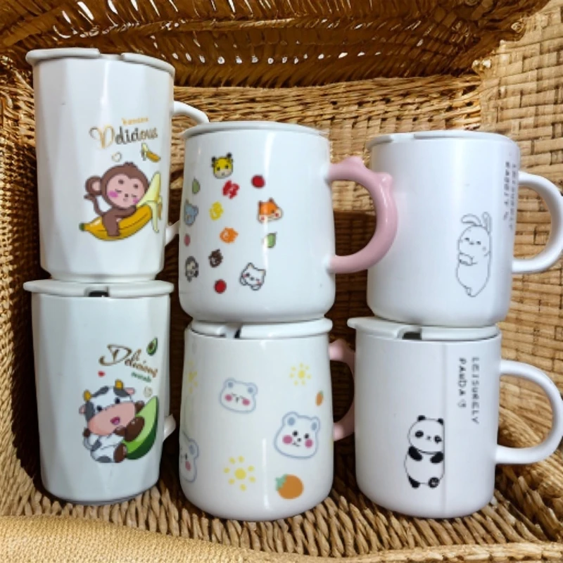 简约卡通高级感陶瓷马克杯带盖勺学生水杯牛奶咖啡杯