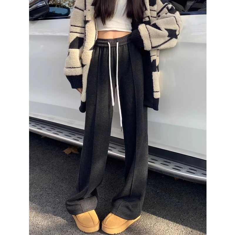 灰色休闲阔腿裤子女秋冬2024新款高腰显廋垂感人字纹毛呢裤直筒裤