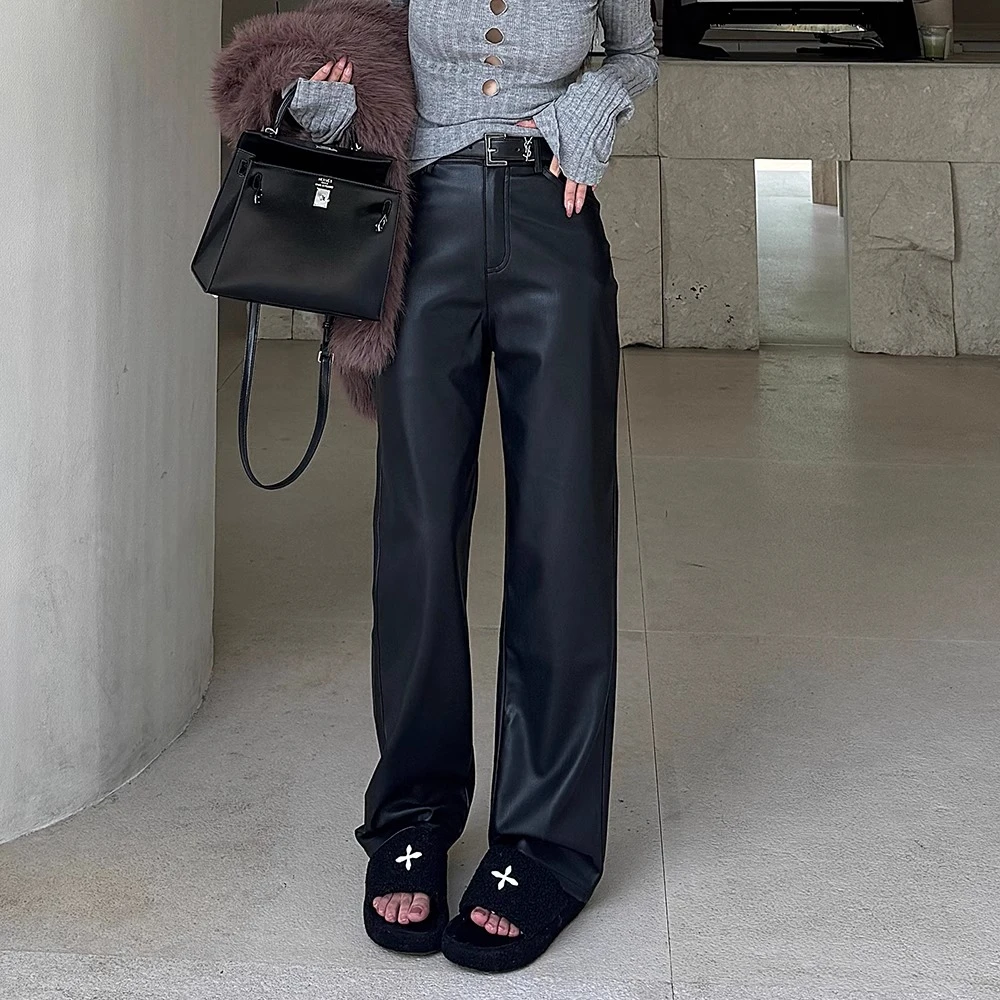 高个子春秋加长裤黑色PU皮裤拖地窄版阔腿裤高腰宽松显瘦直筒裤