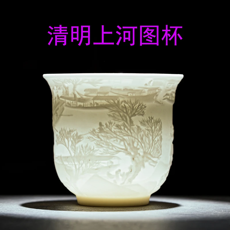 【浮雕清明上河图杯】白瓷羊脂玉瓷主人杯品茗杯陶瓷茶杯建盏功夫茶