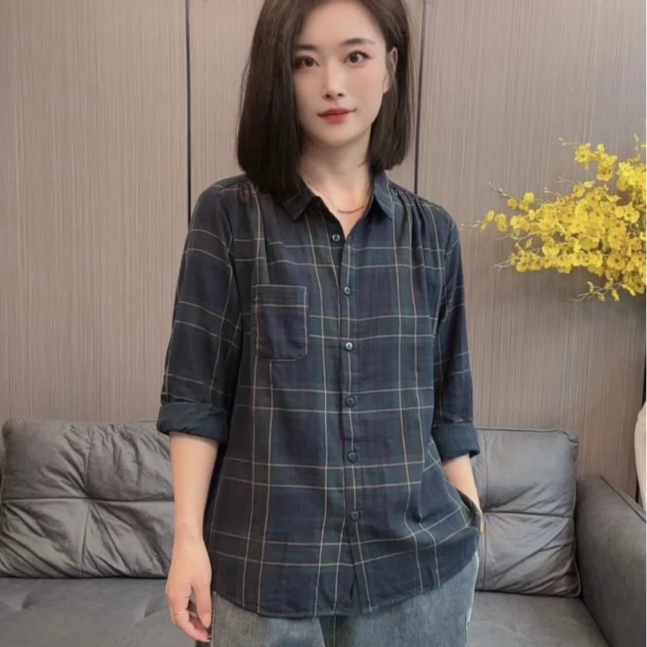 【海片】85136女士秋款格子条纹衬衫复古休闲时尚格纹宽松韩版长袖