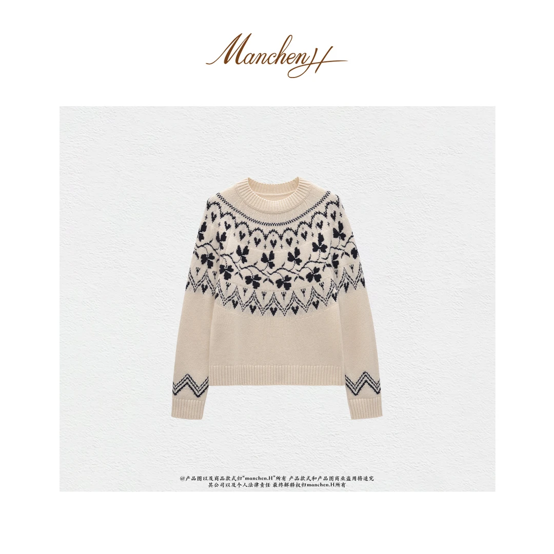 曼辰manchenh“冬日恋歌”原厂纱kvss纱线羊绒牦牛绒提花针织上衣