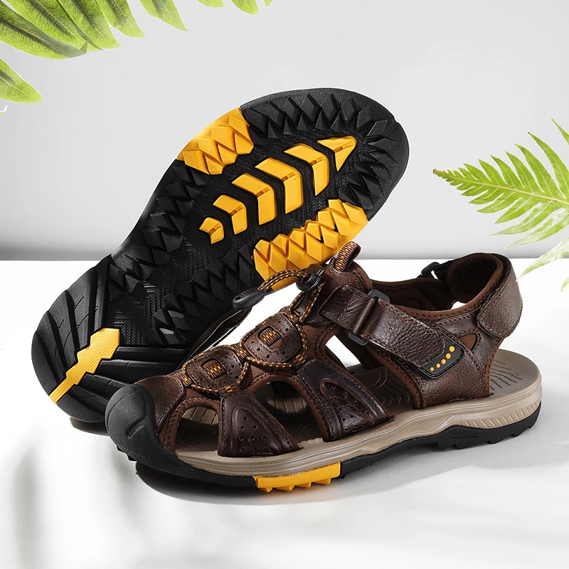 潮流鸿足大码男士耐磨凉鞋户外夏季软底外穿镂空沙滩时尚网红牛皮